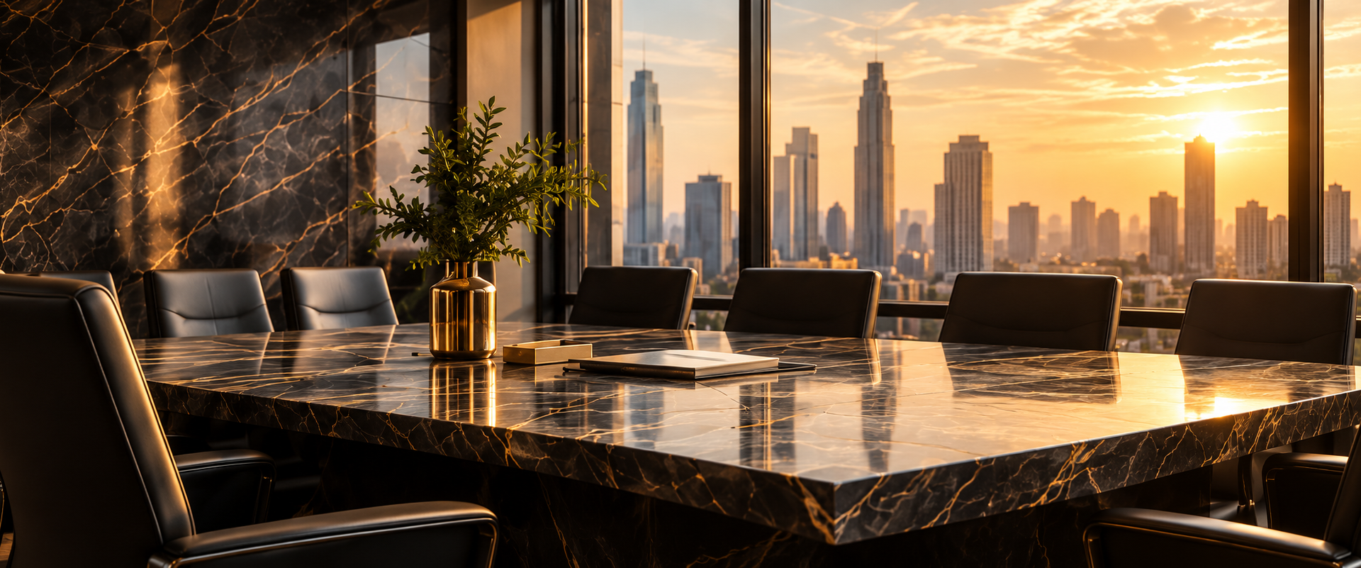 Executive boardroom with a black marble conference table, leather seating, and a golden-hour city skyline